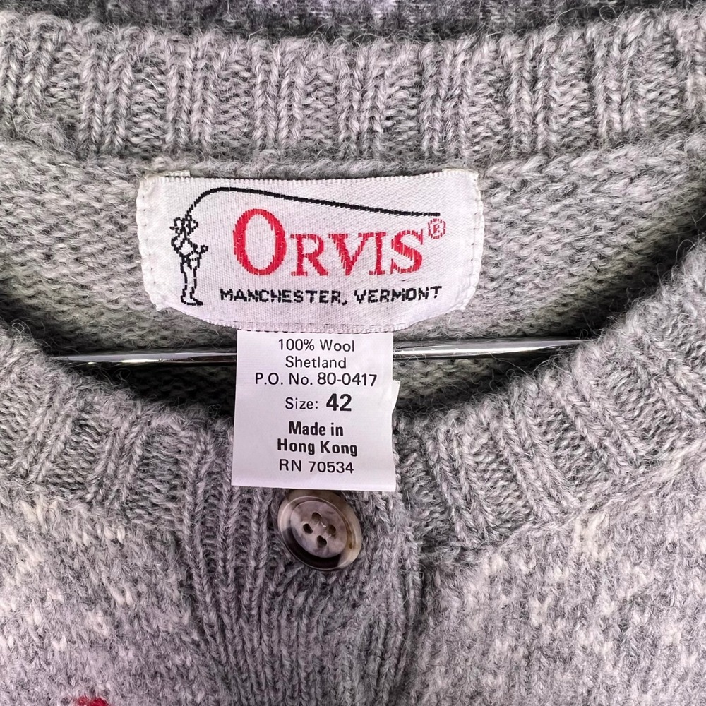 Orvis Cardinal Bird Cardigan Womens 42 Grey Shetland Wool Fair Isle Cabin Nature - Picture 4 of 16